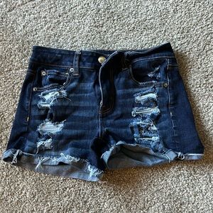 American Eagle High Rise Shortie Jean Shorts Size 2 Dark Wash Ripped
